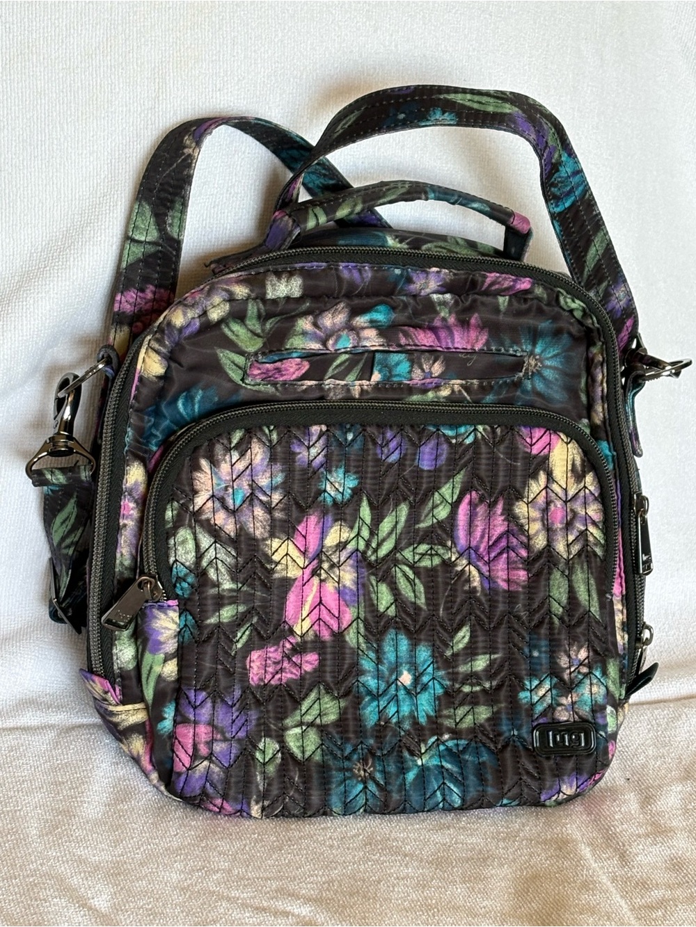 lug Quilted Floral Crossbody Bag in Black with Multicolor Flowers